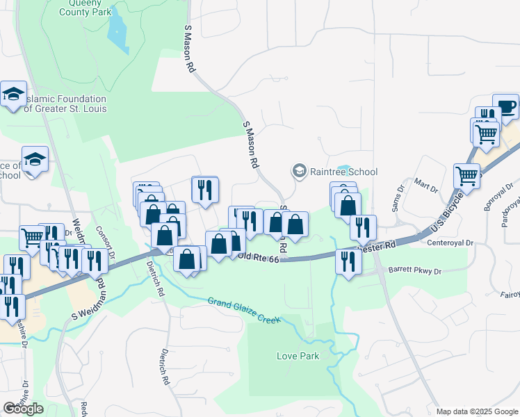map of restaurants, bars, coffee shops, grocery stores, and more near 2122 Mason Lake Drive in Ballwin