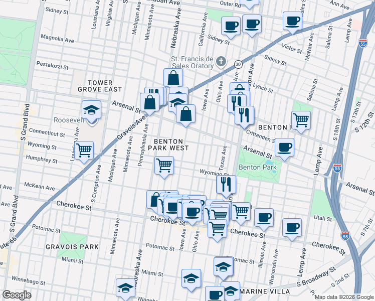 map of restaurants, bars, coffee shops, grocery stores, and more near 3164 Iowa Avenue in St. Louis