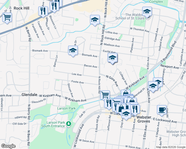 map of restaurants, bars, coffee shops, grocery stores, and more near 416 Lee Avenue in St. Louis