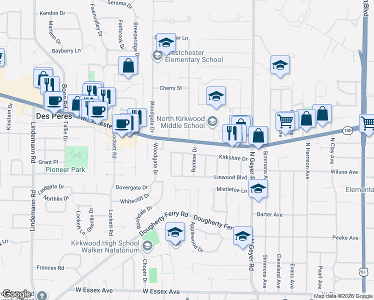 map of restaurants, bars, coffee shops, grocery stores, and more near 714 Kirkshire Drive in Kirkwood