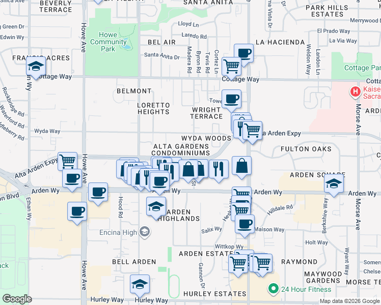 map of restaurants, bars, coffee shops, grocery stores, and more near 2372 Glendale Lane in Sacramento