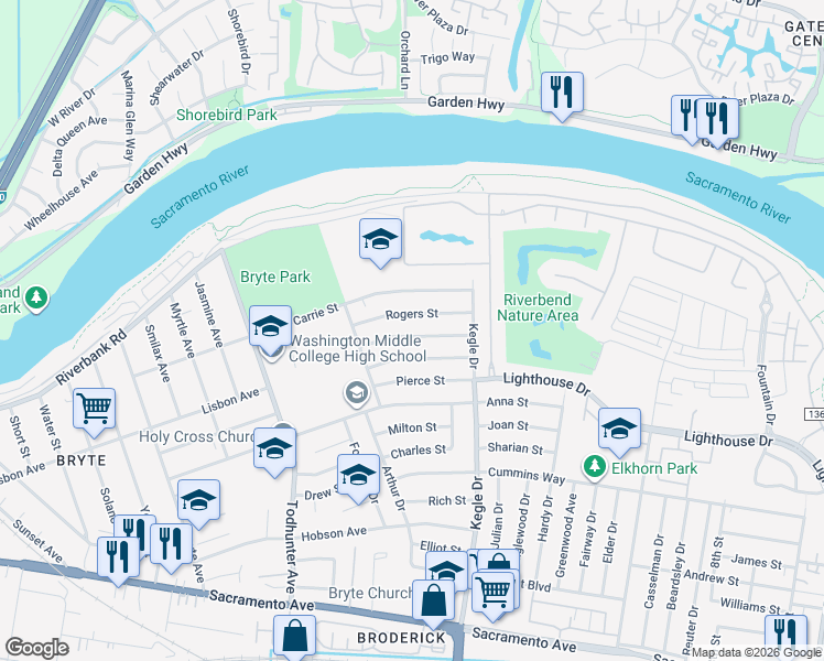 map of restaurants, bars, coffee shops, grocery stores, and more near 1036 Taber Street in West Sacramento