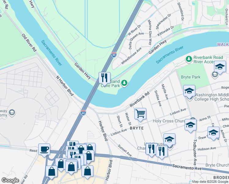 map of restaurants, bars, coffee shops, grocery stores, and more near 2111 Garden Highway in Sacramento