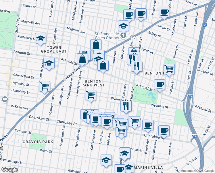 map of restaurants, bars, coffee shops, grocery stores, and more near 3164 Iowa Avenue in St. Louis
