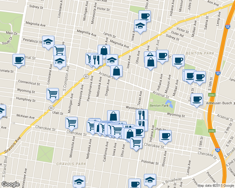 map of restaurants, bars, coffee shops, grocery stores, and more near 3164 Iowa Avenue in St. Louis
