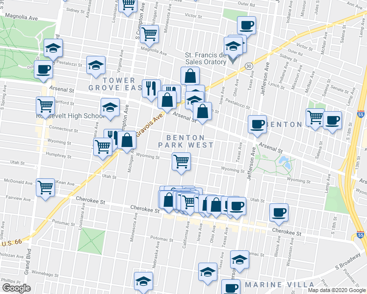 map of restaurants, bars, coffee shops, grocery stores, and more near 2845 Wyoming Street in St. Louis