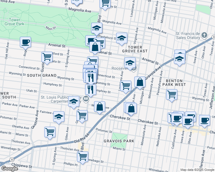 map of restaurants, bars, coffee shops, grocery stores, and more near 3437 Humphrey Street in St. Louis