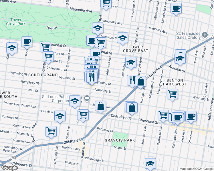 map of restaurants, bars, coffee shops, grocery stores, and more near 3437 Humphrey Street in St. Louis