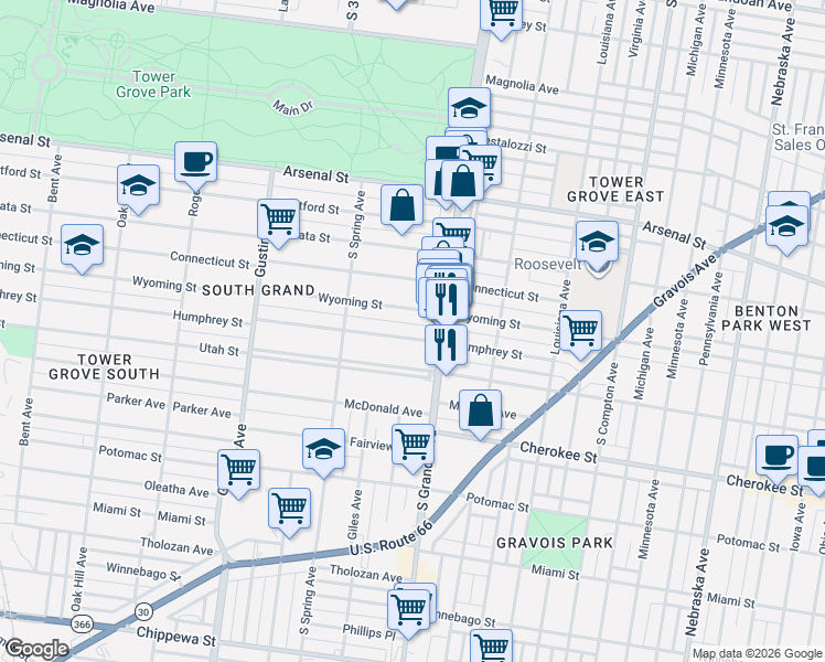 map of restaurants, bars, coffee shops, grocery stores, and more near 3640 Humphrey Street in St. Louis