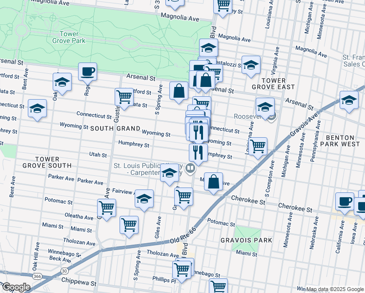 map of restaurants, bars, coffee shops, grocery stores, and more near 3640 Humphrey Street in St. Louis