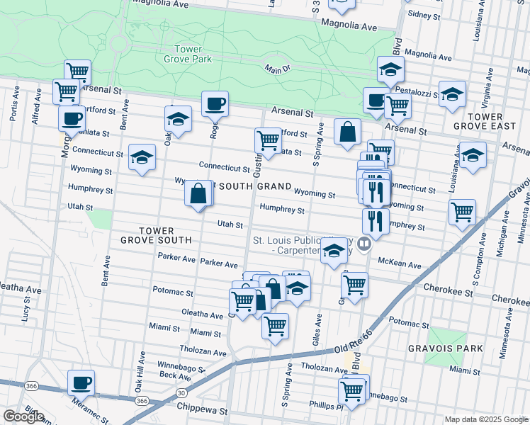 map of restaurants, bars, coffee shops, grocery stores, and more near 3855 North Utah Place in St. Louis