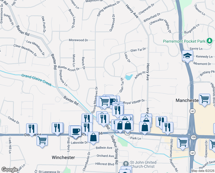 map of restaurants, bars, coffee shops, grocery stores, and more near 327 Royal Village Drive in Ballwin