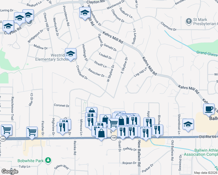 map of restaurants, bars, coffee shops, grocery stores, and more near 234 West Skyline Drive in Ballwin