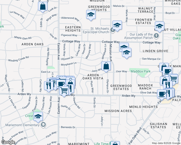 map of restaurants, bars, coffee shops, grocery stores, and more near 4432 Thor Way in Sacramento