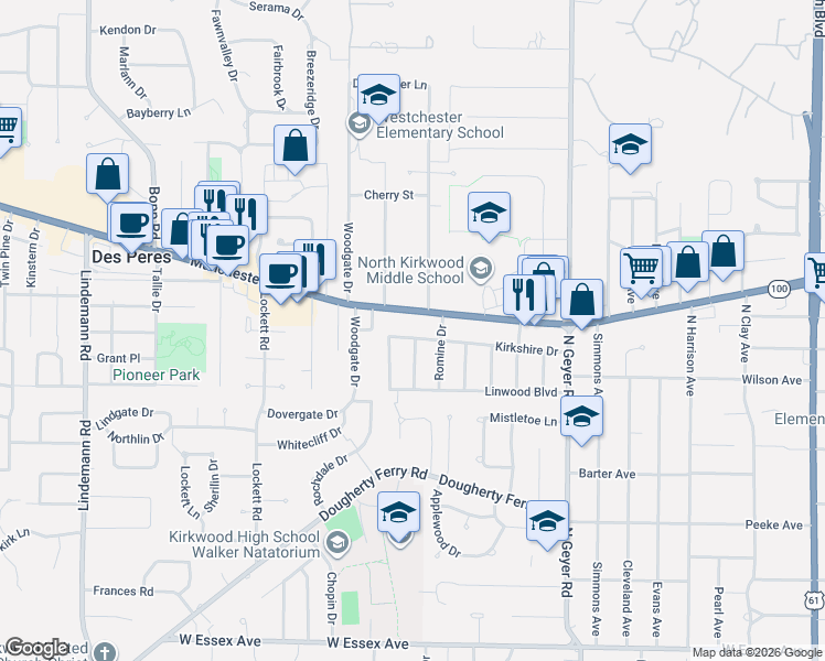map of restaurants, bars, coffee shops, grocery stores, and more near 725 Kirkshire Drive in Kirkwood