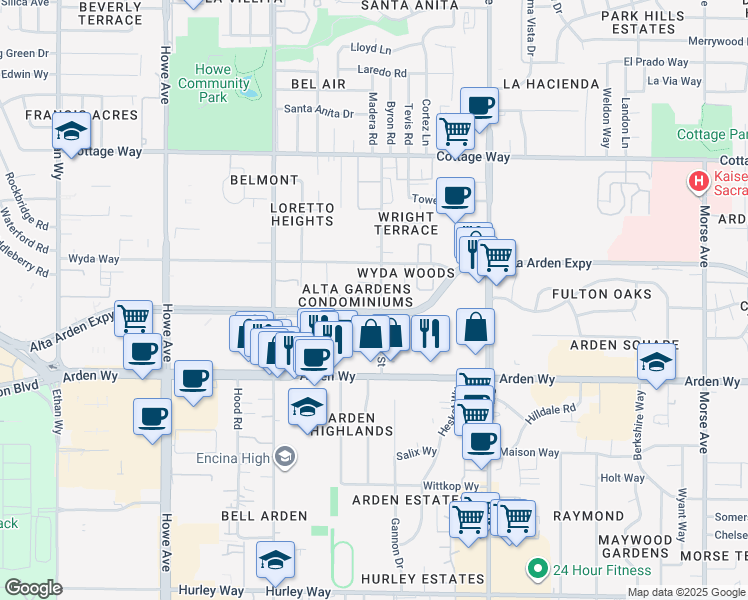 map of restaurants, bars, coffee shops, grocery stores, and more near 2372 Glendale Lane in Sacramento