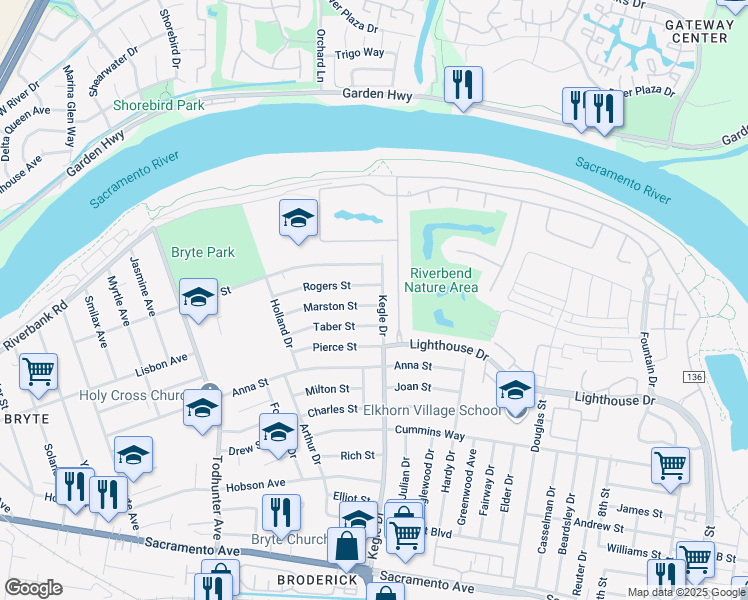 map of restaurants, bars, coffee shops, grocery stores, and more near 1008 Taber Street in West Sacramento