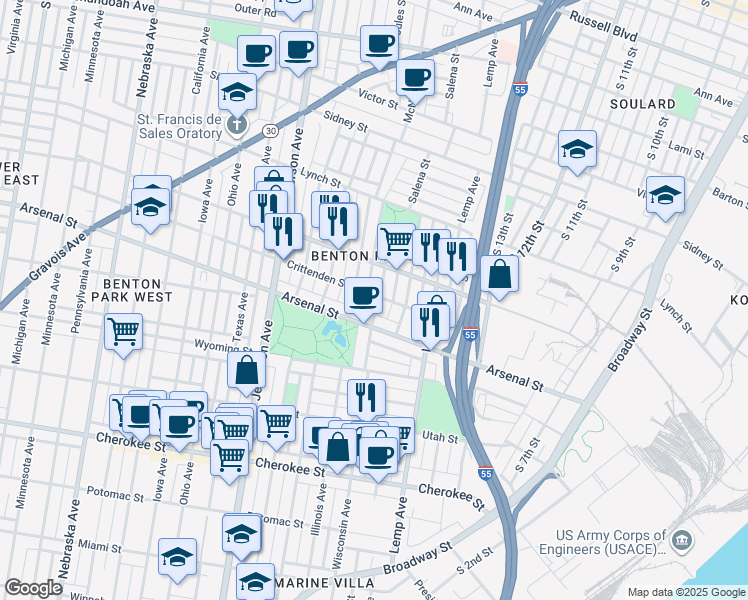map of restaurants, bars, coffee shops, grocery stores, and more near 2002 Crittenden Street in St. Louis