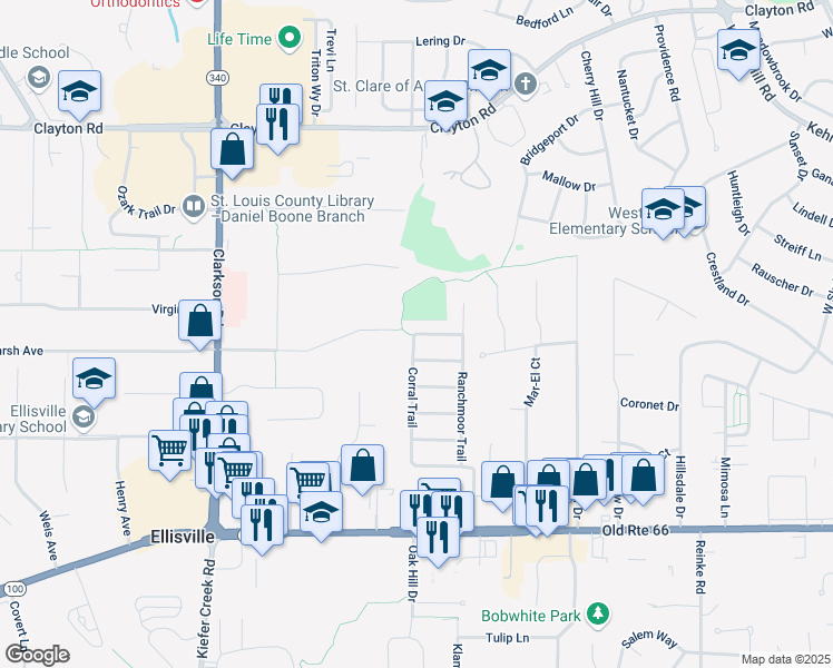 map of restaurants, bars, coffee shops, grocery stores, and more near 200 Corral Trail in Ballwin