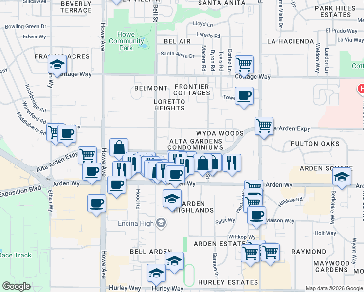 map of restaurants, bars, coffee shops, grocery stores, and more near 1760 Markston Road in Sacramento