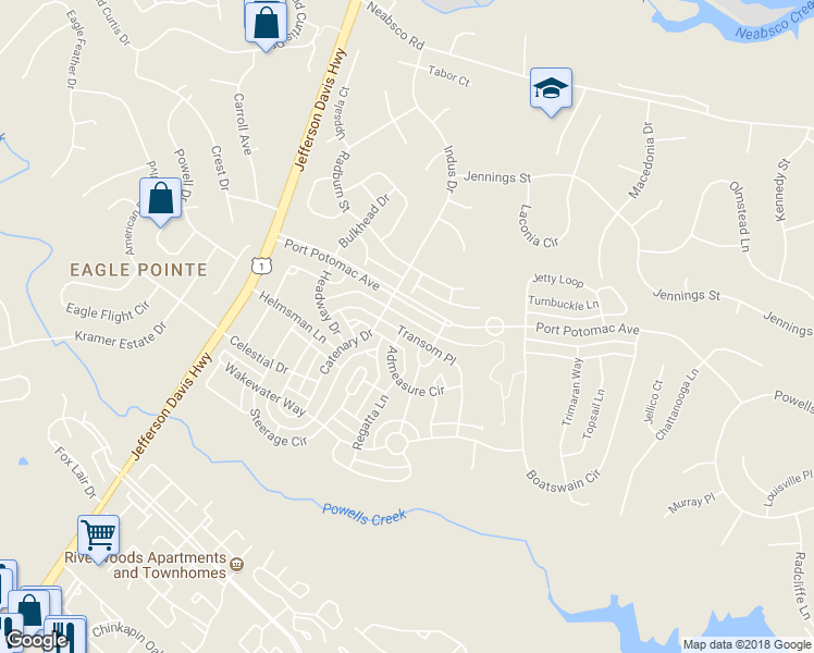 map of restaurants, bars, coffee shops, grocery stores, and more near 2522 Transom Place in Woodbridge