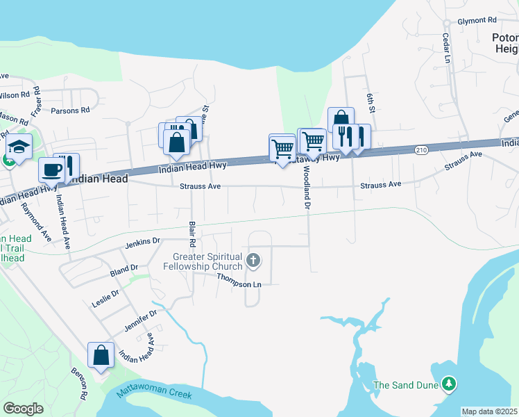 map of restaurants, bars, coffee shops, grocery stores, and more near 13 Shelton Court in Indian Head