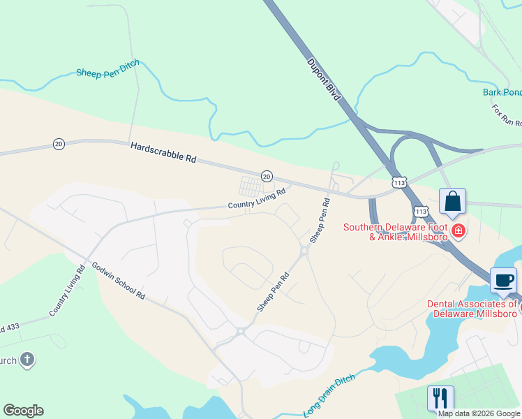 map of restaurants, bars, coffee shops, grocery stores, and more near Road 433 in Millsboro