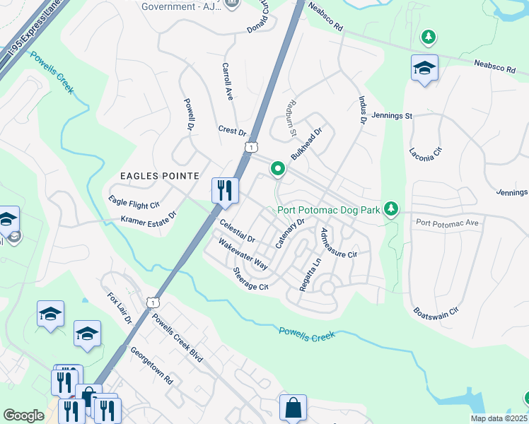 map of restaurants, bars, coffee shops, grocery stores, and more near 2685 Helmsman Lane in Woodbridge