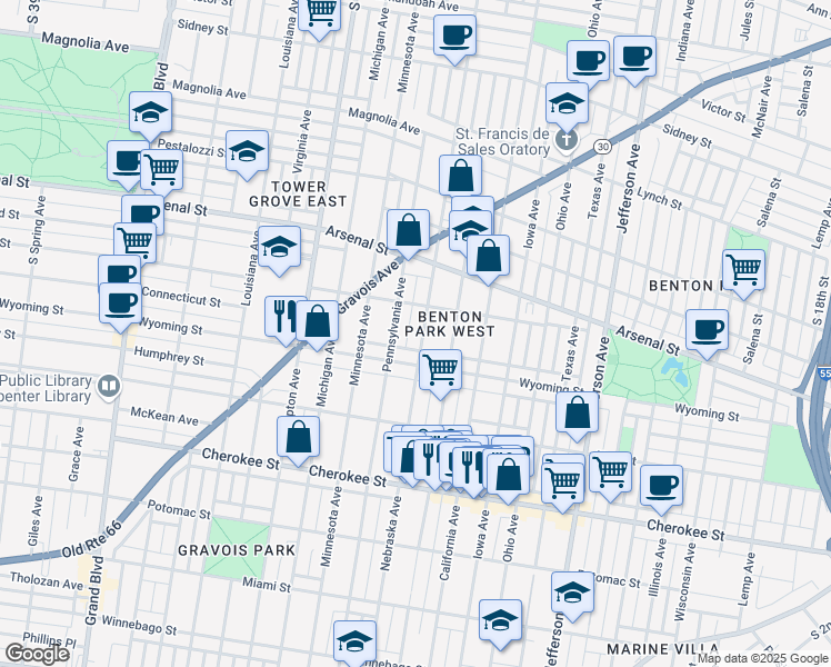 map of restaurants, bars, coffee shops, grocery stores, and more near 3171 Nebraska Avenue in St. Louis