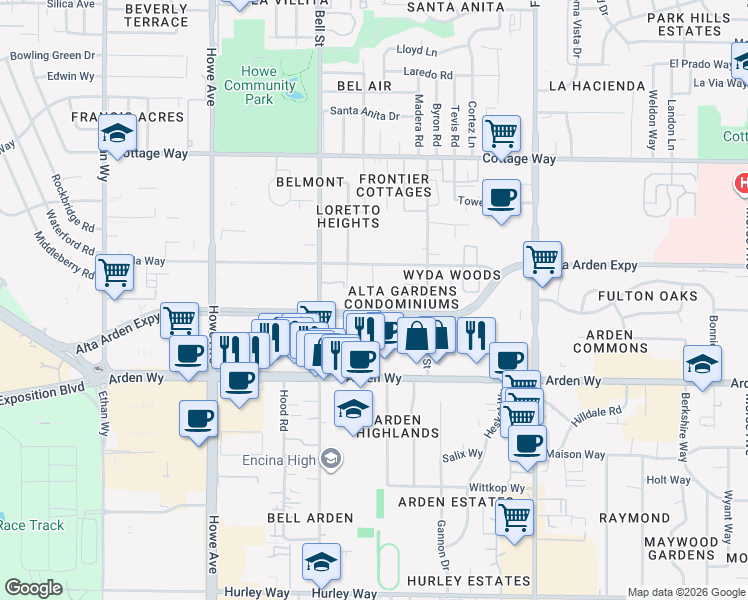 map of restaurants, bars, coffee shops, grocery stores, and more near 1760 Markston Road in Sacramento