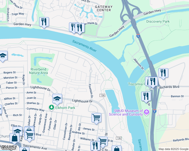 map of restaurants, bars, coffee shops, grocery stores, and more near 420 Regatta Lane in West Sacramento