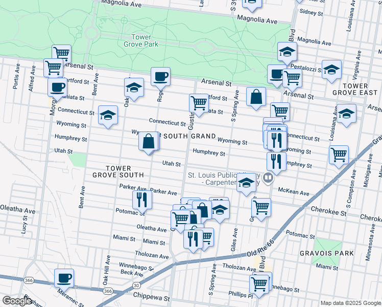map of restaurants, bars, coffee shops, grocery stores, and more near 3905 North Utah Place in St. Louis