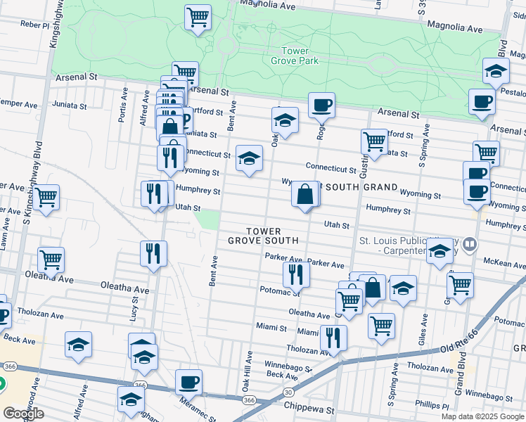 map of restaurants, bars, coffee shops, grocery stores, and more near in St. Louis
