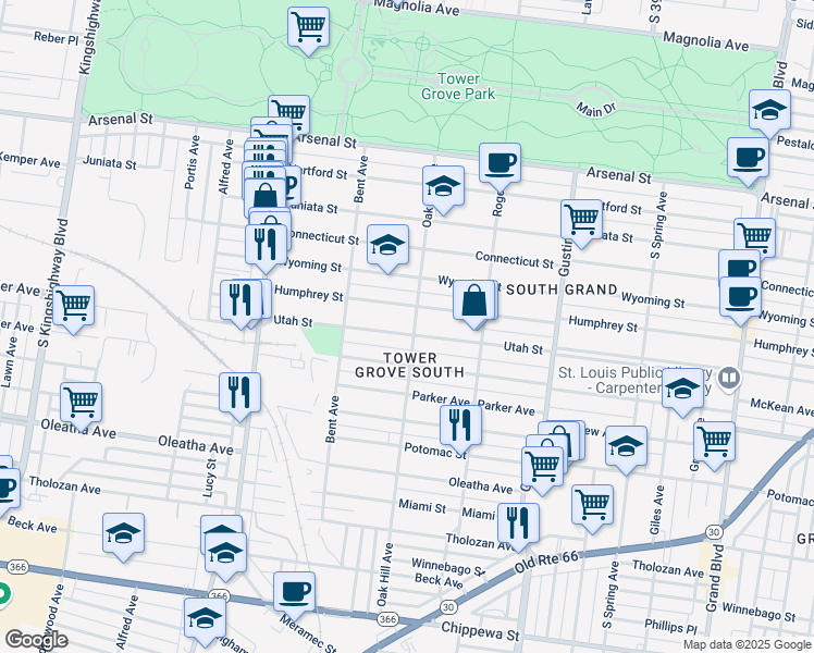 map of restaurants, bars, coffee shops, grocery stores, and more near in St. Louis