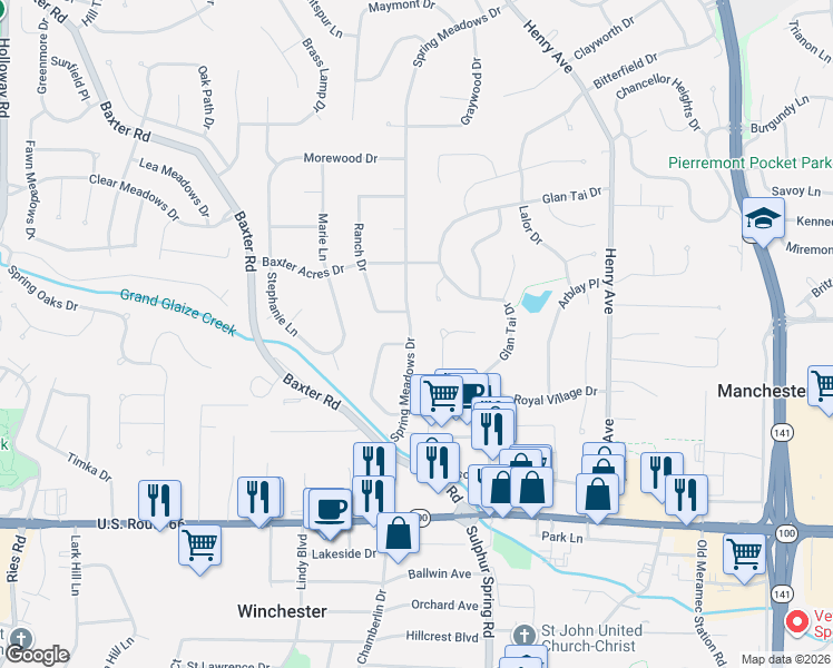 map of restaurants, bars, coffee shops, grocery stores, and more near 327 Royal Village Drive in Ballwin