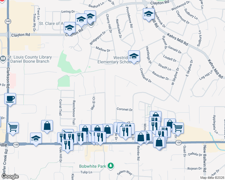 map of restaurants, bars, coffee shops, grocery stores, and more near 125 Flesher Drive in Ellisville
