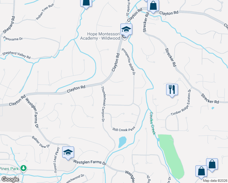 map of restaurants, bars, coffee shops, grocery stores, and more near 1914 Wolfcreek Pass Court in Ballwin