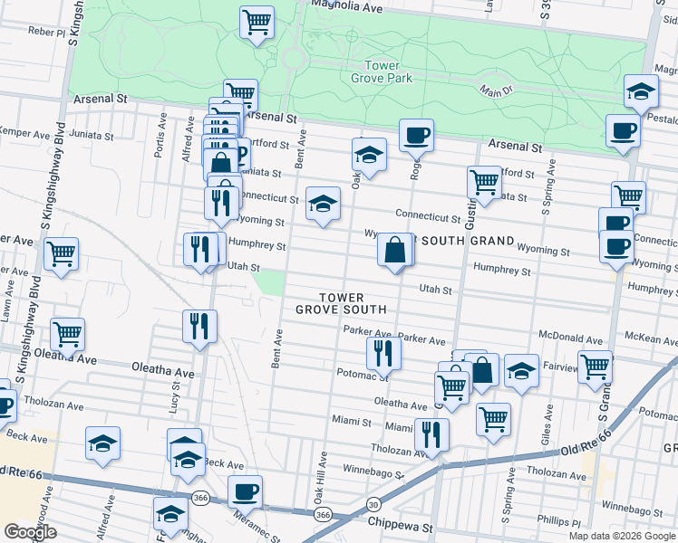 map of restaurants, bars, coffee shops, grocery stores, and more near in St. Louis