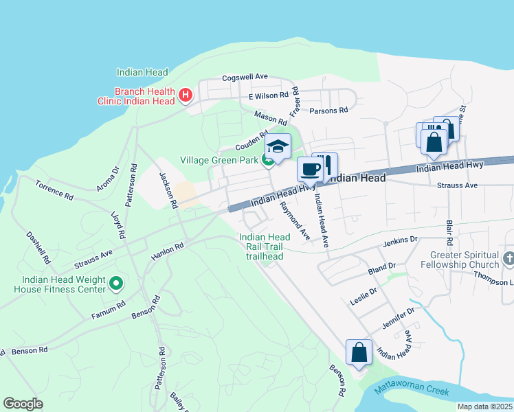 map of restaurants, bars, coffee shops, grocery stores, and more near 17 Park Square Drive in Indian Head
