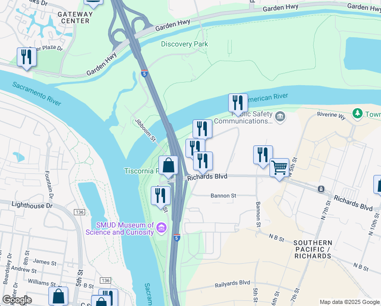 map of restaurants, bars, coffee shops, grocery stores, and more near 350 Bercut Drive in Sacramento