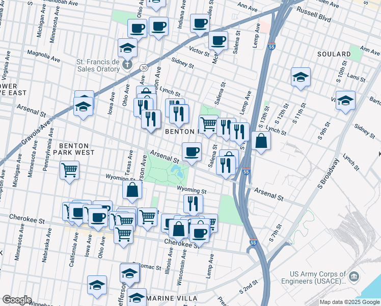 map of restaurants, bars, coffee shops, grocery stores, and more near 2009 Arsenal Street in St. Louis