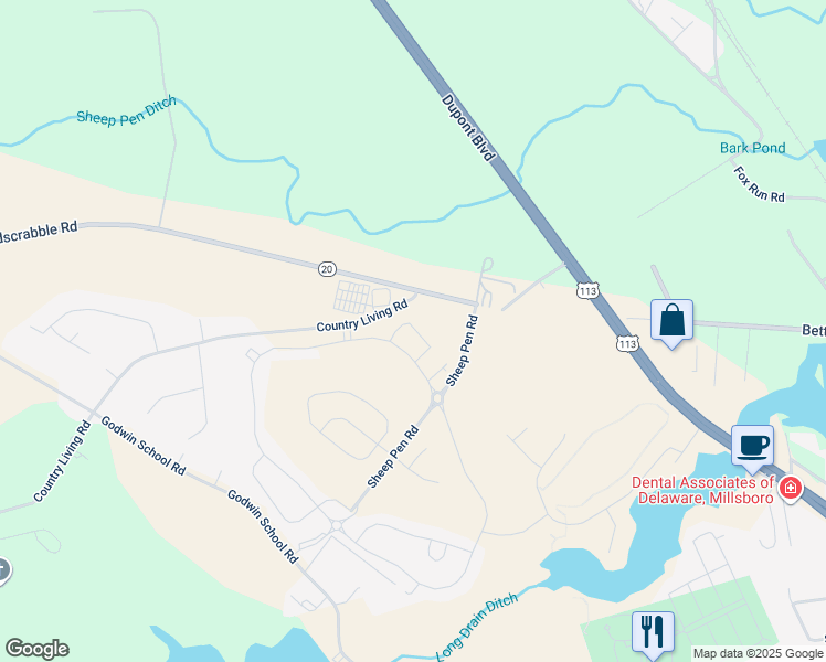 map of restaurants, bars, coffee shops, grocery stores, and more near 24640 Dogwood Lane in Millsboro
