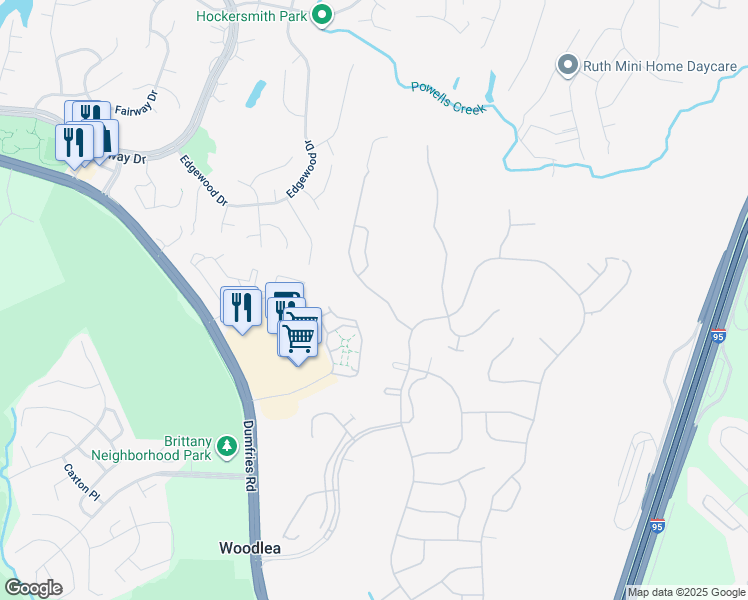 map of restaurants, bars, coffee shops, grocery stores, and more near 3943 Great Harvest Court in Dumfries