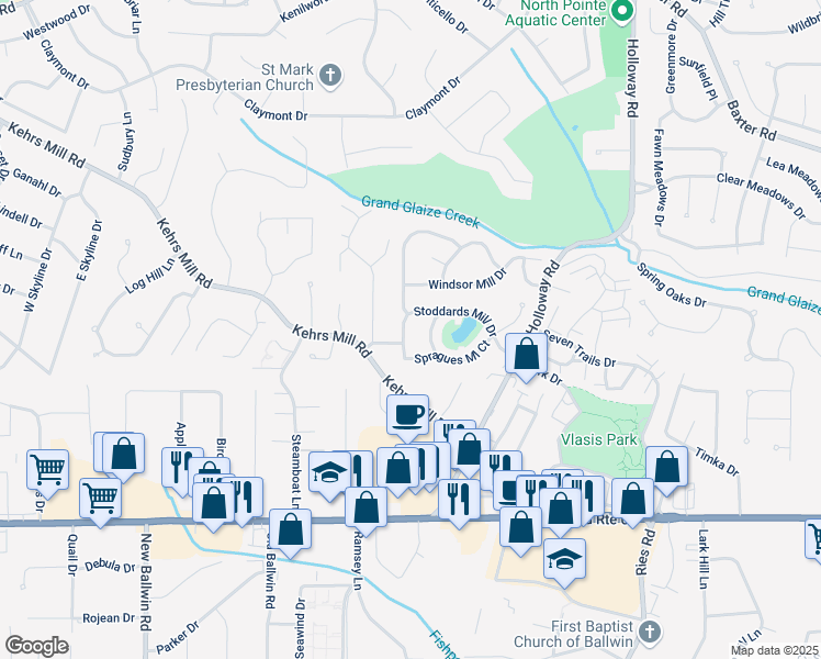map of restaurants, bars, coffee shops, grocery stores, and more near 214 Monroe Mill Drive in Ballwin