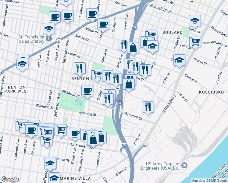 map of restaurants, bars, coffee shops, grocery stores, and more near 2931 South 18th Street in St. Louis