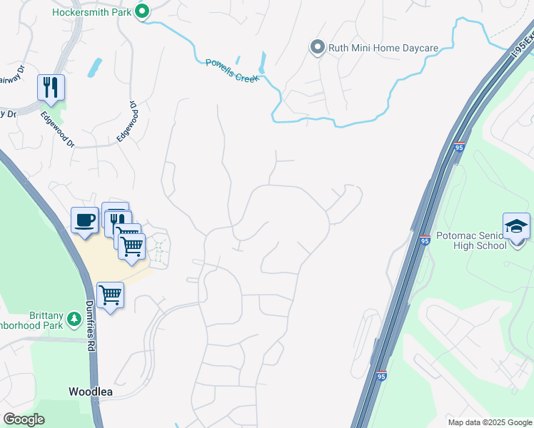 map of restaurants, bars, coffee shops, grocery stores, and more near 3754 Blowing Leaf Place in Dumfries