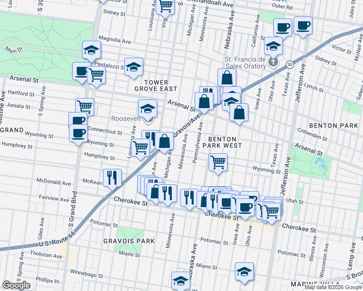 map of restaurants, bars, coffee shops, grocery stores, and more near 3100 Gravois Avenue in St. Louis