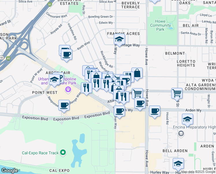 map of restaurants, bars, coffee shops, grocery stores, and more near 1905 Middleberry Road in Sacramento