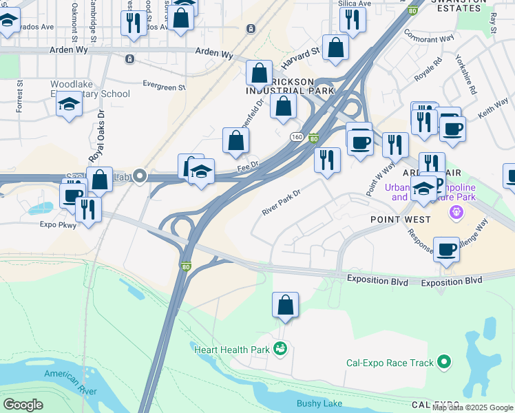 map of restaurants, bars, coffee shops, grocery stores, and more near 1000 Arden Way in Sacramento