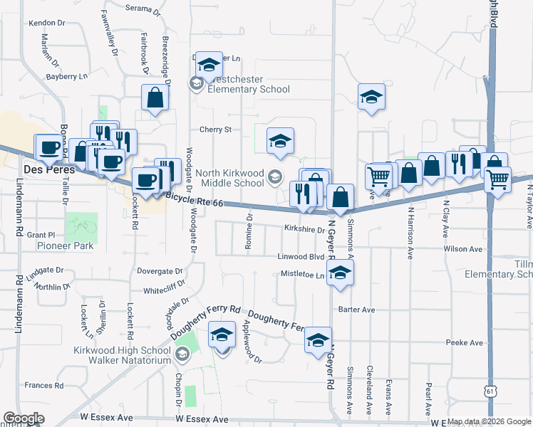 map of restaurants, bars, coffee shops, grocery stores, and more near in Kirkwood